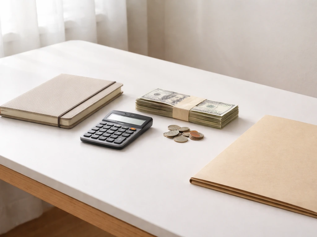 Minimal desk scene with a calculator and scattered bills, symbolizing assets minus liabilities.