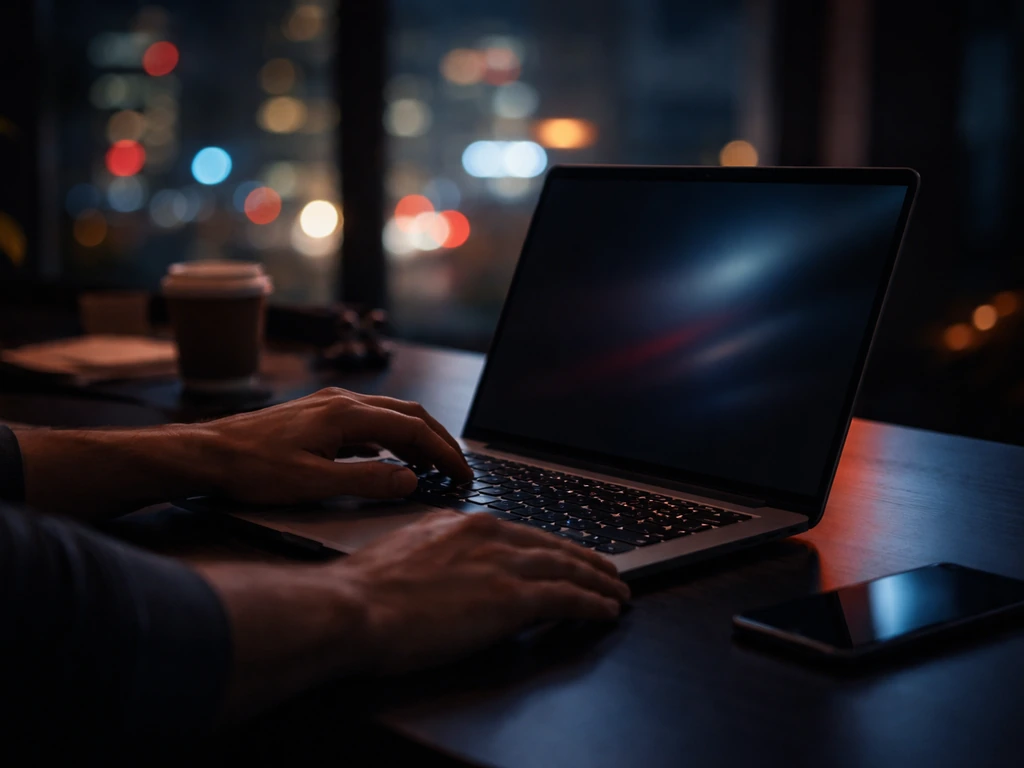 Anonymous hands typing on a laptop in a modern office at night with city lights outside.