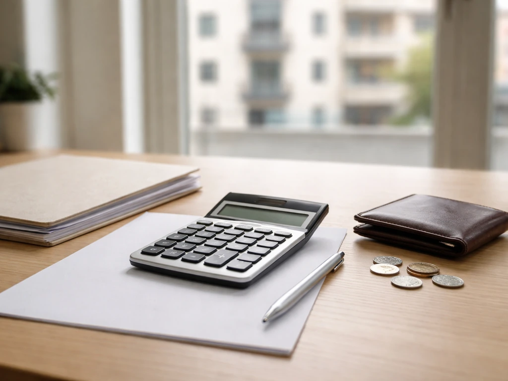 Calculadora y documentos en un escritorio con monedas, luz natural y ciudad desenfocada al fondo.