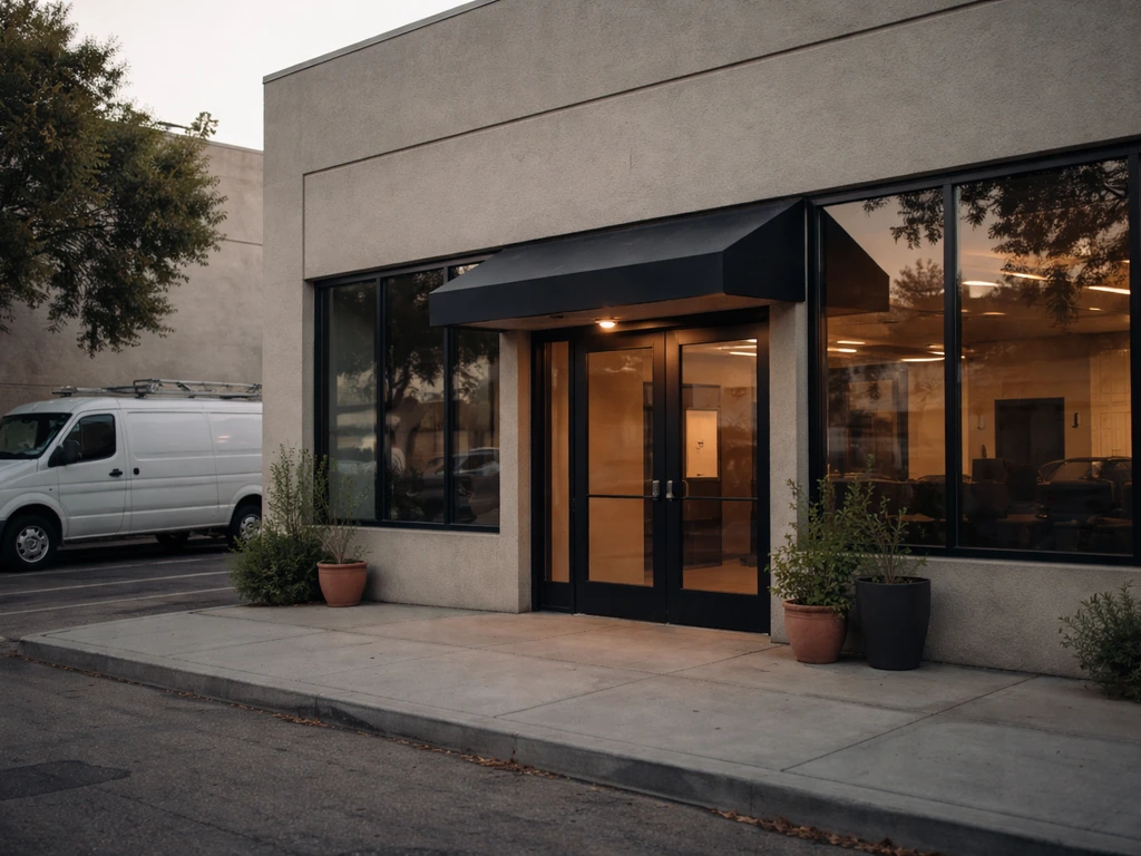 Exterior view of a film studio office building with an Italian-style facade, film-business atmosphere