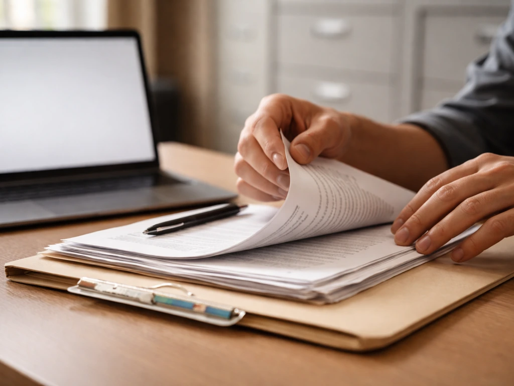 Close-up of a probate record folder on a desk with a laptop and pen, suggesting verification steps