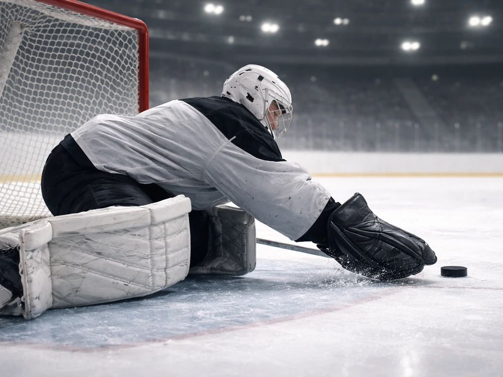 Anonymous hockey goalie in full gear making a low save on an ice rink.