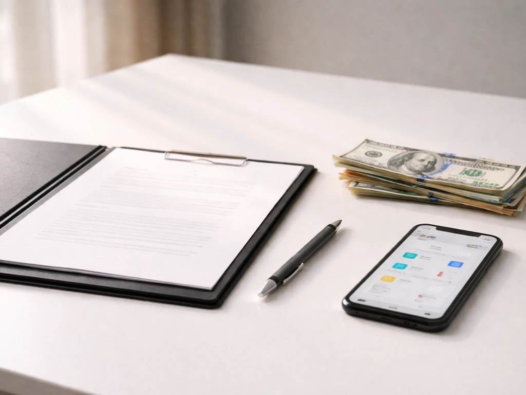 Minimal desk scene with a contract, pen, and Swiss-style bills suggesting how net worth estimates are built