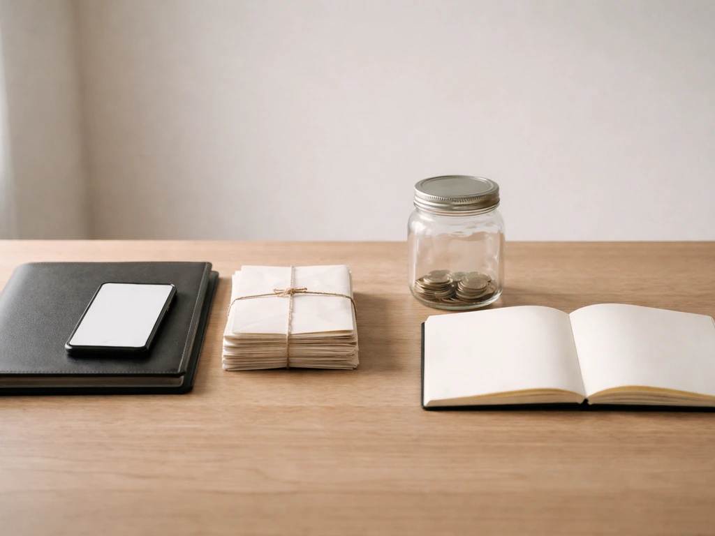 Minimal desk scene with folders and envelopes on one side, and coins and a blank notebook on the other.