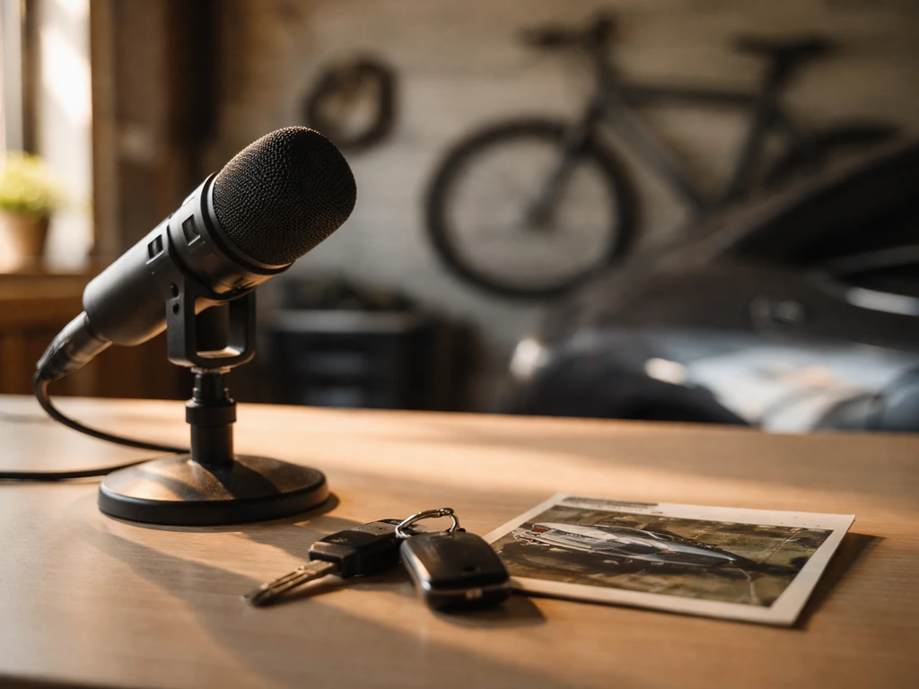 Minimal studio desk scene with a microphone and scattered automotive-themed media, suggesting an entrepreneur profile.