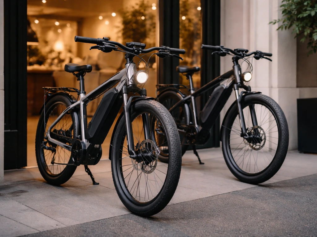 Two modern electric bicycles parked in a small storefront entrance, premium lifestyle feel.