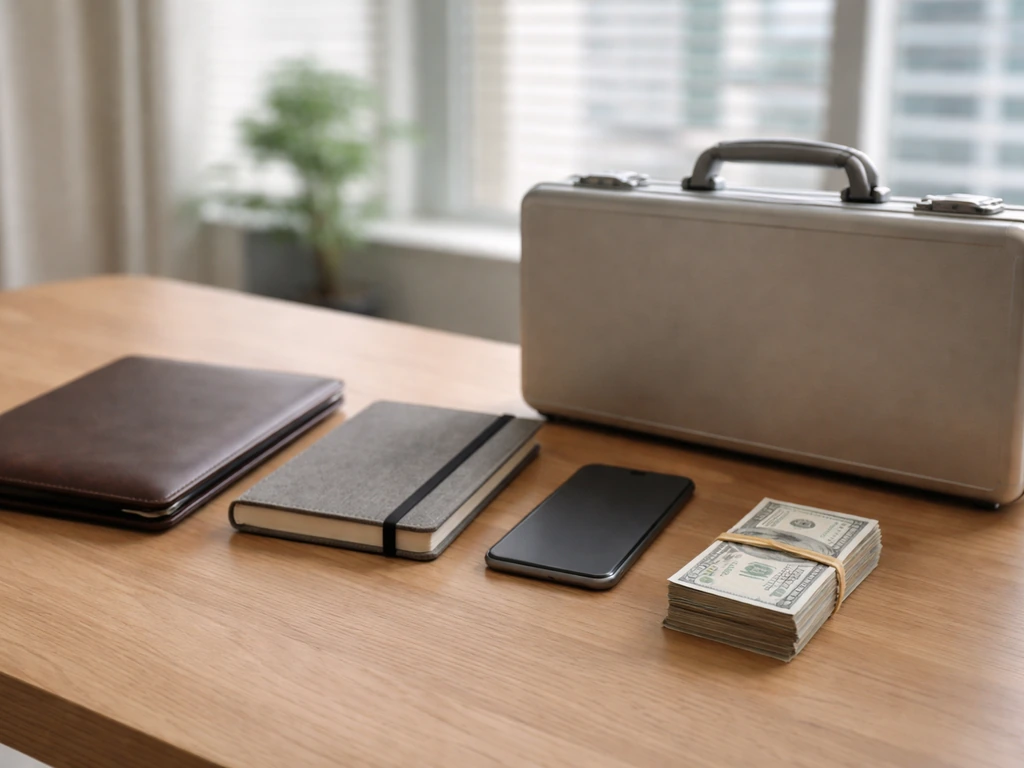 Minimal desk with portfolio, cash, smartphone, and briefcase symbolizing asset categories.