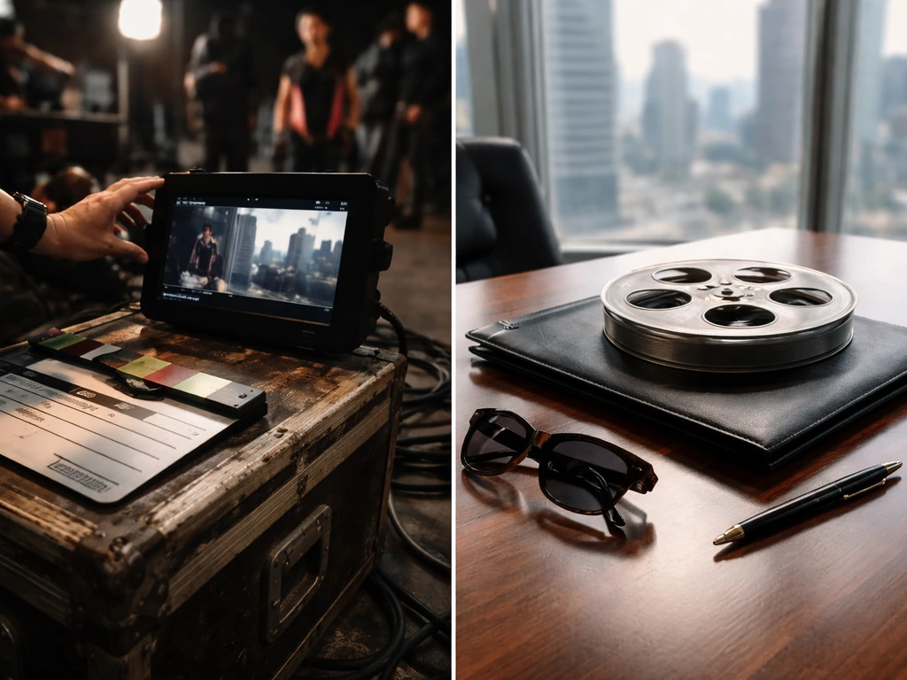 Split image: film set props on the left and producer/endorsement-style desk items on the right.