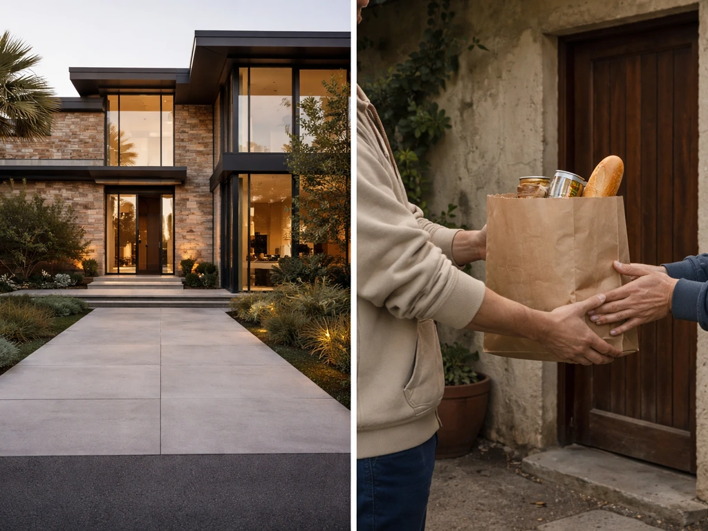 Luxury home exterior paired with an anonymous giving scene near a simple door