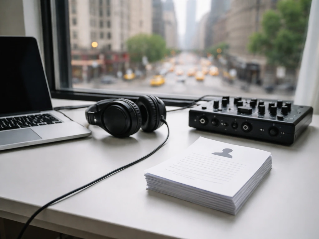 Open laptop with music gear beside NYC street view, symbolizing DJ identity verification without showing any person.