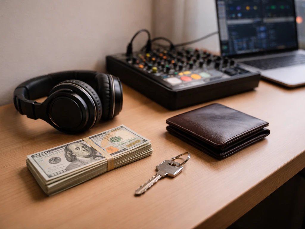 Anonymous DJ gear on a desk with wallet, cash, and keys suggesting assets and liabilities.