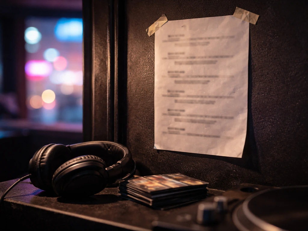 Close-up of a DJ venue flyer on a wall with blurred city lights, suggesting recent live bookings