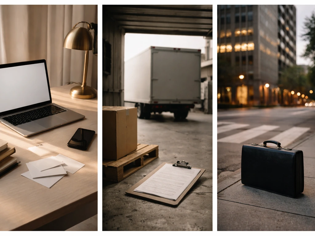 Three-panel photo collage: office desk, warehouse shipping scene, and city street with briefcase—symbolic disambiguation