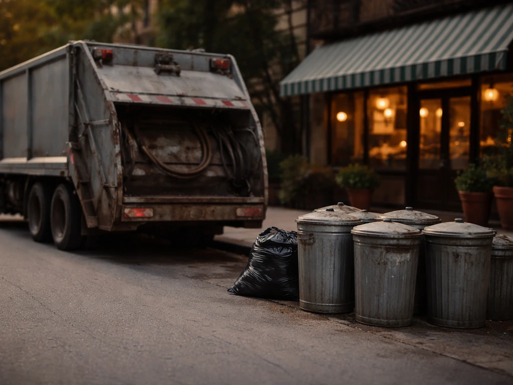 Vintage garbage carting truck and bins beside a quiet restaurant storefront, symbolizing two income streams.