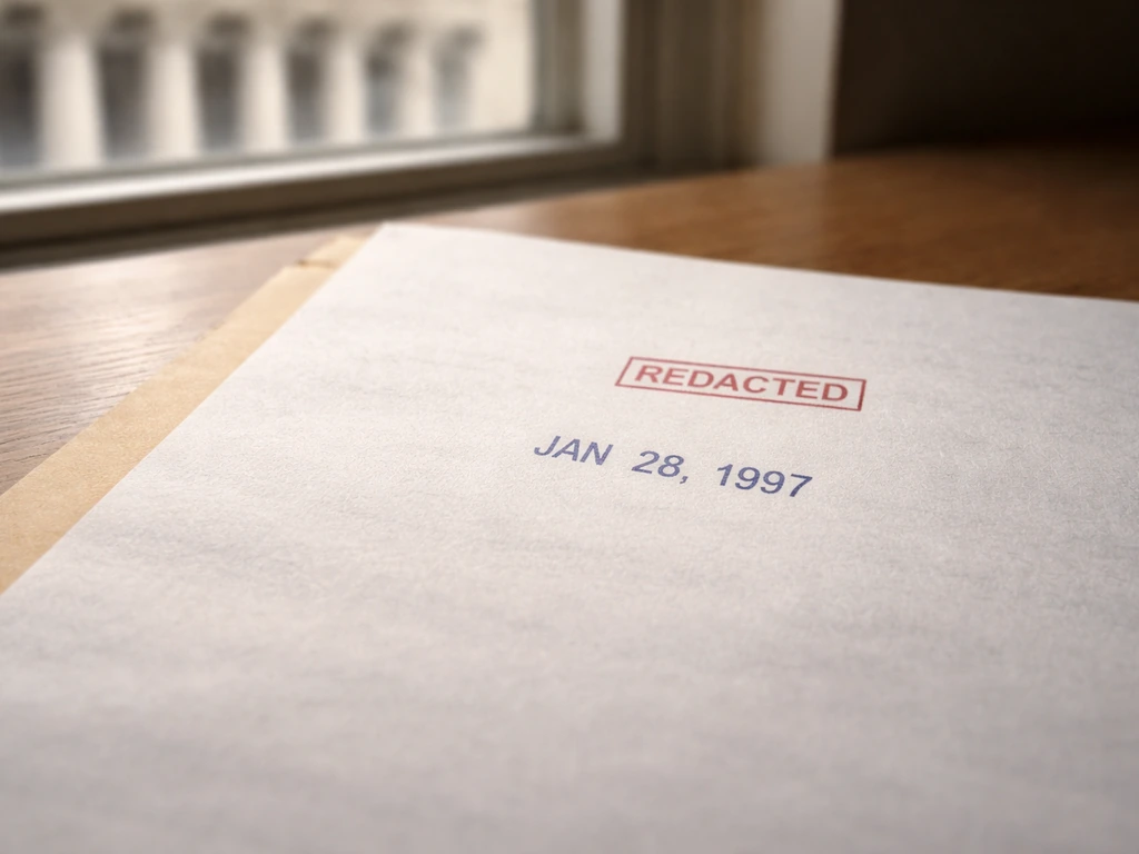 Typewritten legal document on a desk with a visible “Jan 28, 1997” stamp and blurred courthouse background.