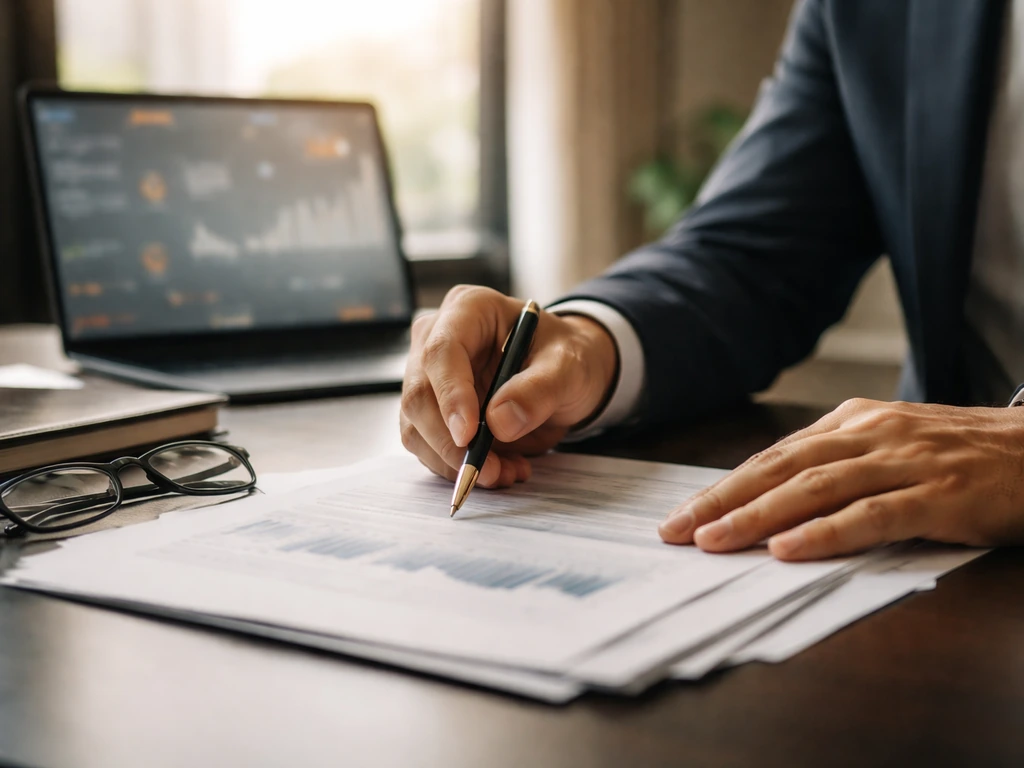 Anonymous hands reviewing financial documents on an office desk with a laptop showing abstract account visuals.