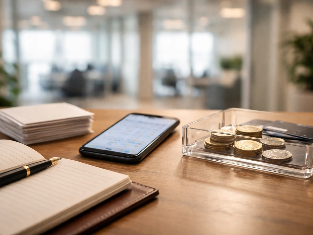 Close-up of coins, receipts, and a smartphone on a simple desk symbolizing residual commissions mechanics.