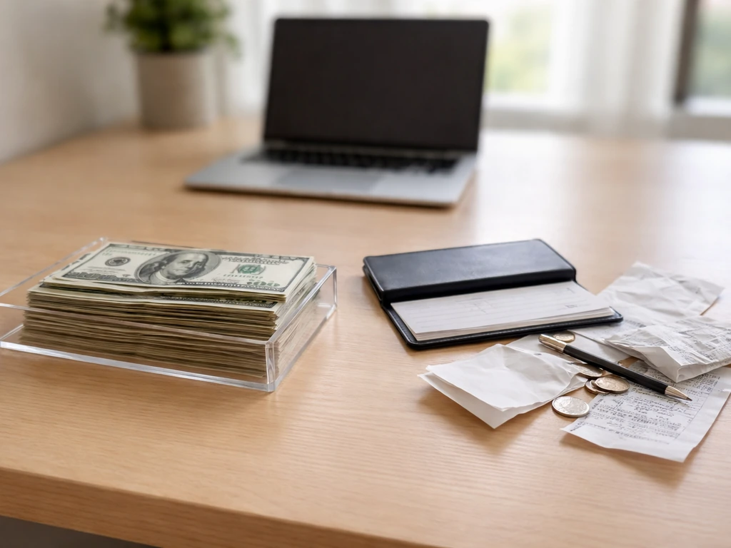 Minimal desk photo with money and receipts split to suggest assets counted vs. factors missed in estimates.