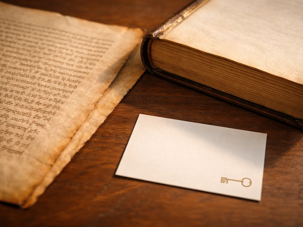Overlapping religious scroll textures with a small card concept symbolizing “High Priest”