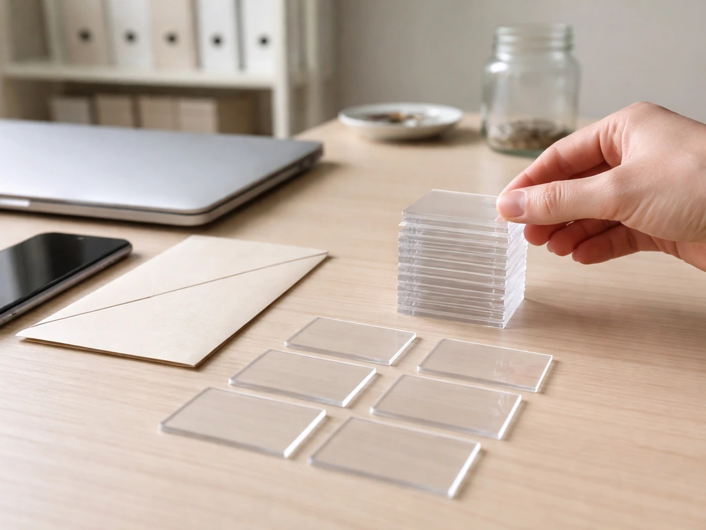 Hand stacks blank clear cards on a desk by laptop and phone, symbolizing layered evidence building net worth estimates.