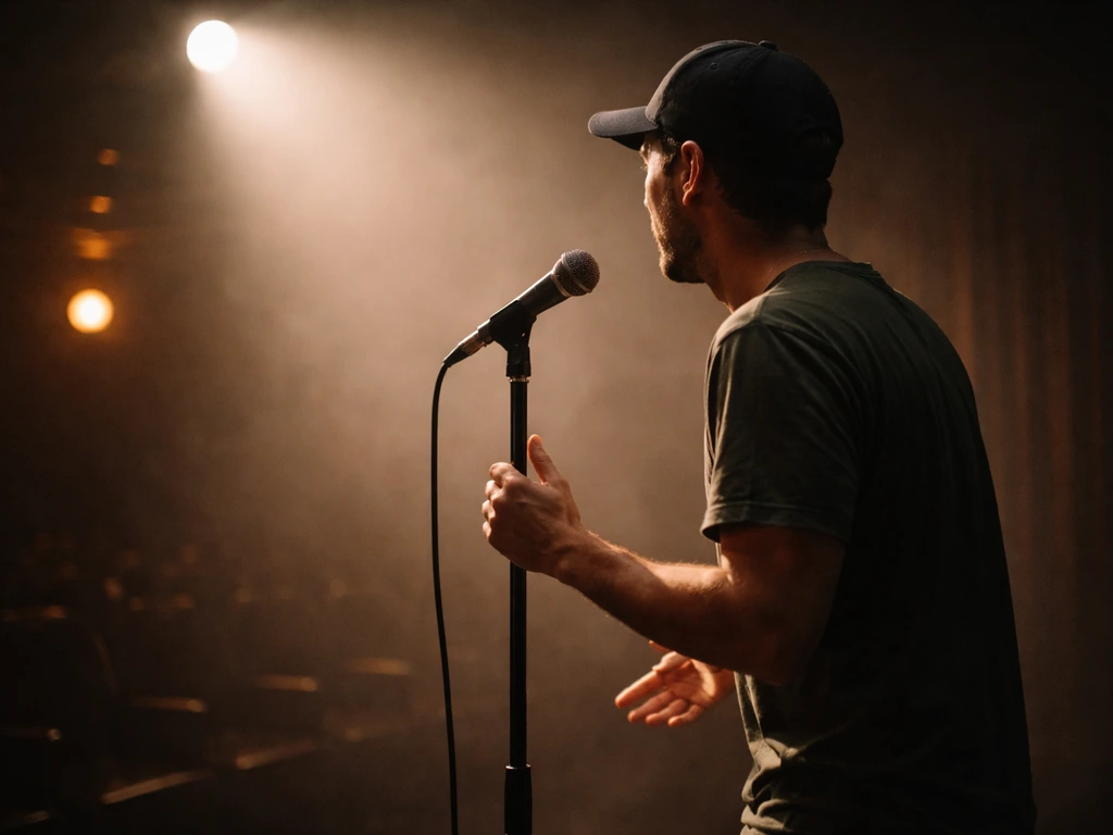 Comedian on a small club stage speaking into a microphone under warm lights
