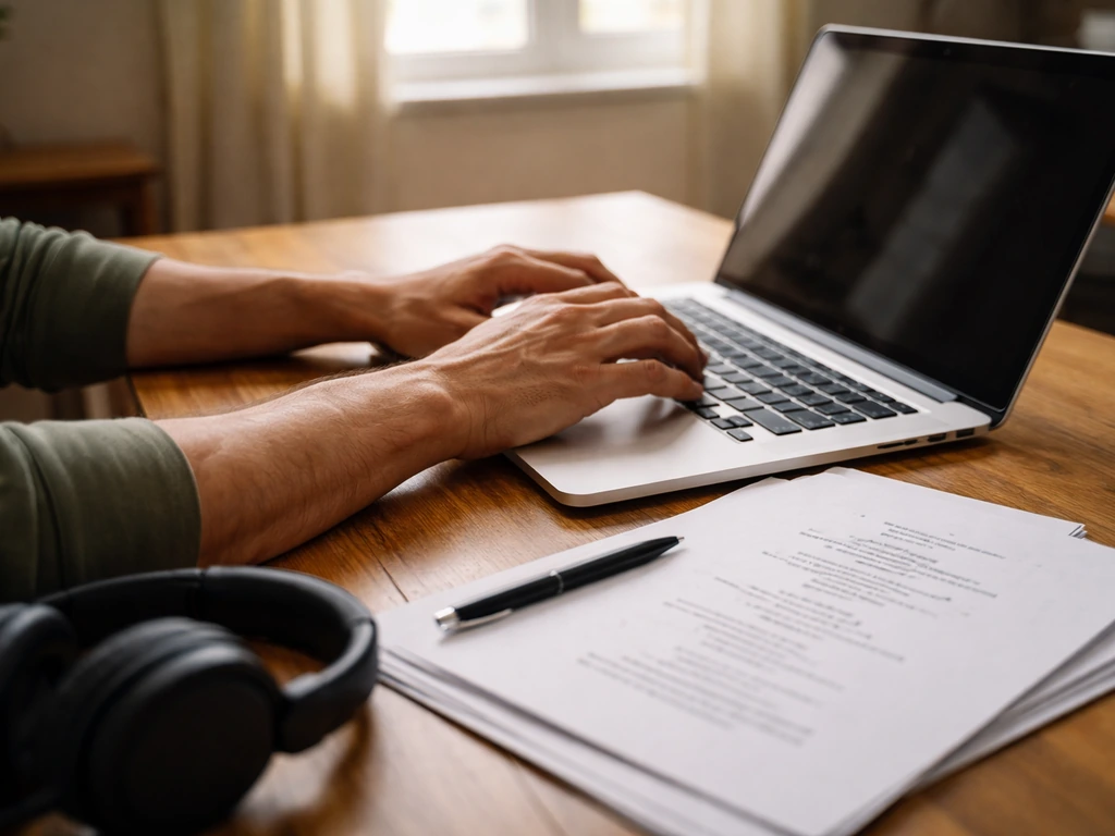 Person working at a tidy desk with a laptop and handwritten-style script pages, showing behind-the-scenes comedy product