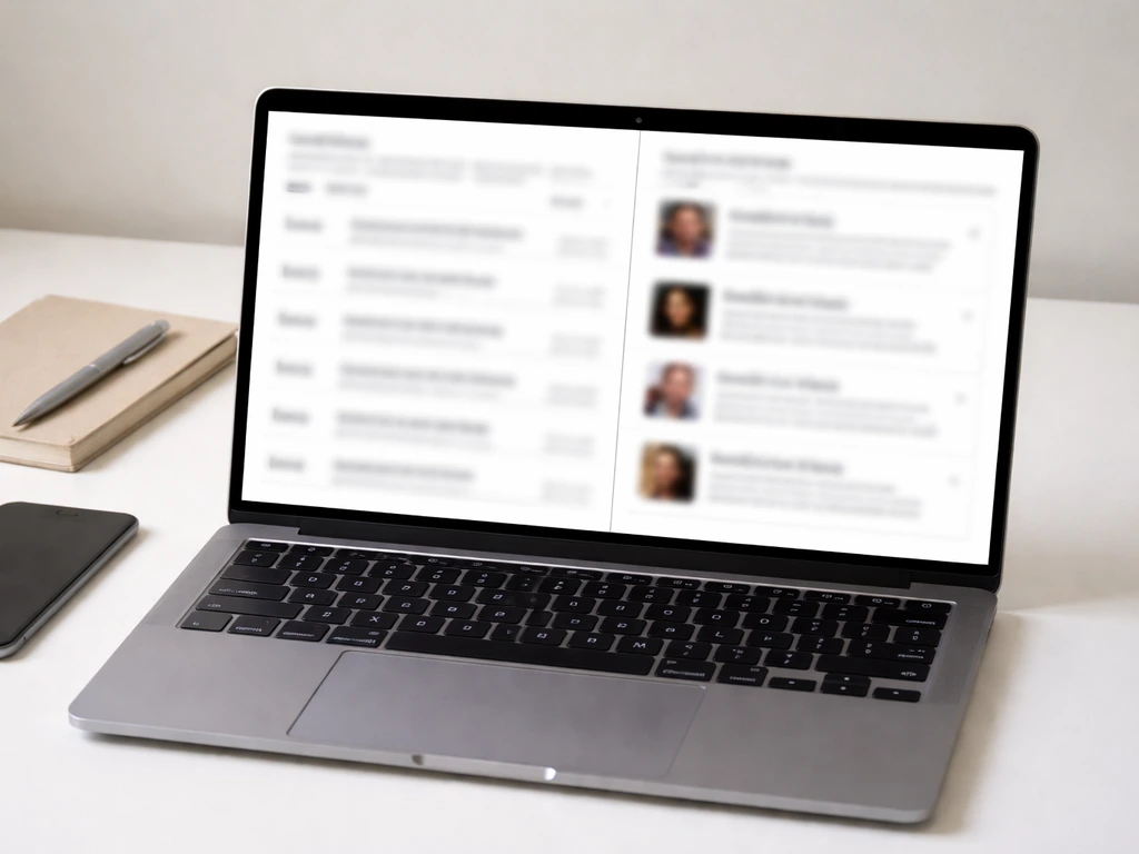 Laptop on a desk showing blurred side-by-side media credits and podcast listing pages.