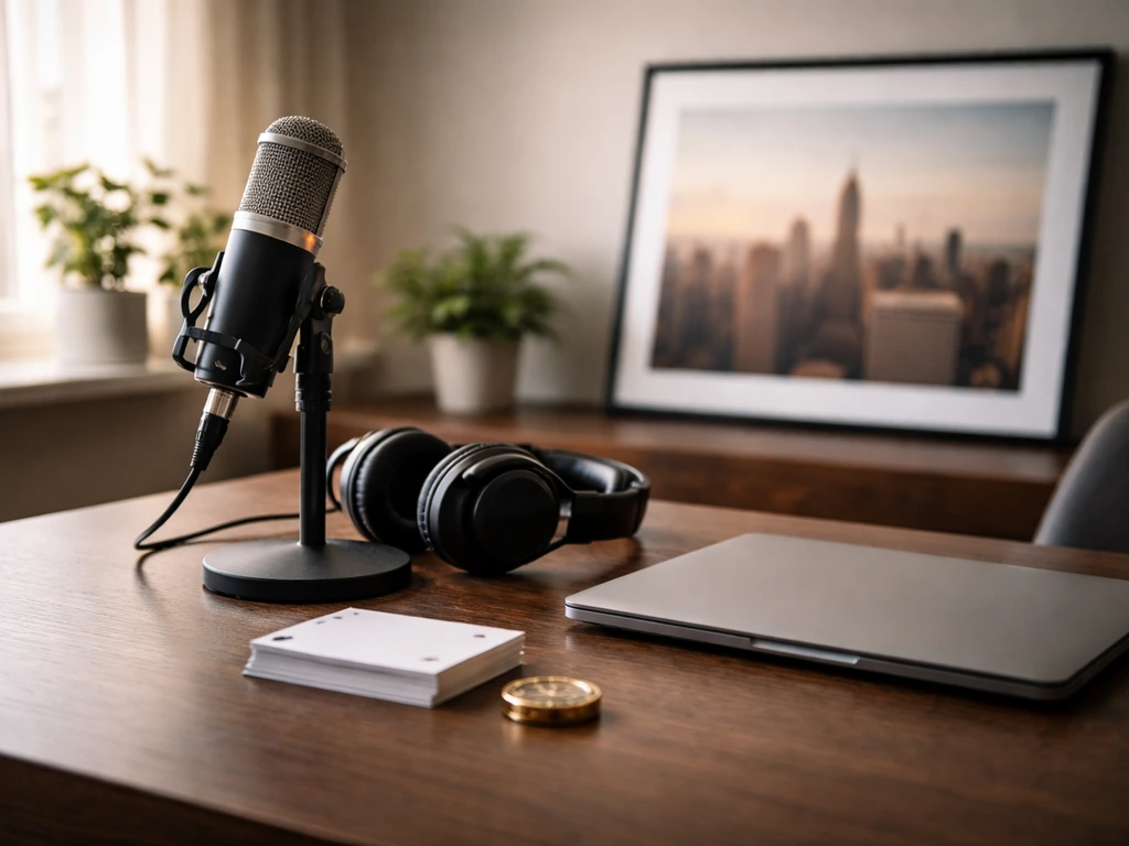 Minimal photo of a music executive’s office desk with studio gear and a subtle symbol of wealth