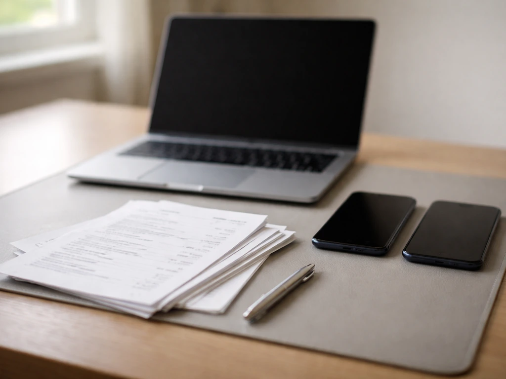 Minimal desk scene with laptop and two phones beside dated papers, symbolizing different net-worth estimates.