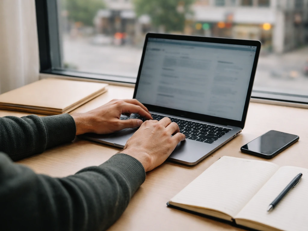 Person at a desk comparing business records online on a laptop with folders and a notebook.
