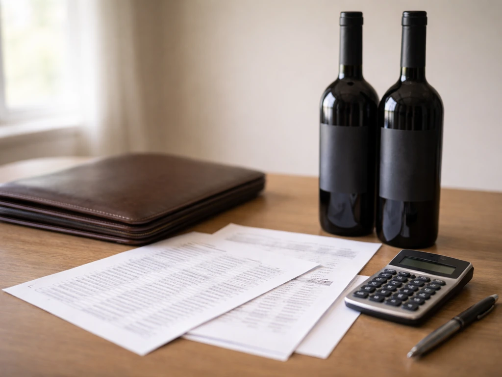 Wine bottles on a simple desk beside blank financial sheets and a calculator, symbolizing valuation without a stock tick