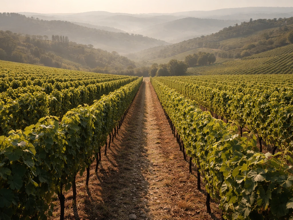 Close view of rolling Tuscan vineyard rows, grapevines stretching into the distance under natural light.