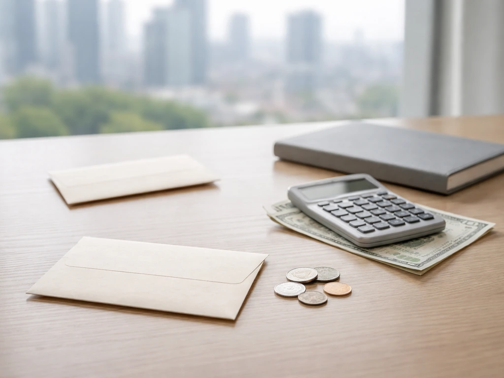 Minimal desk scene with two unlabeled envelopes and a calculator, symbolizing a net worth range vs an outlier.