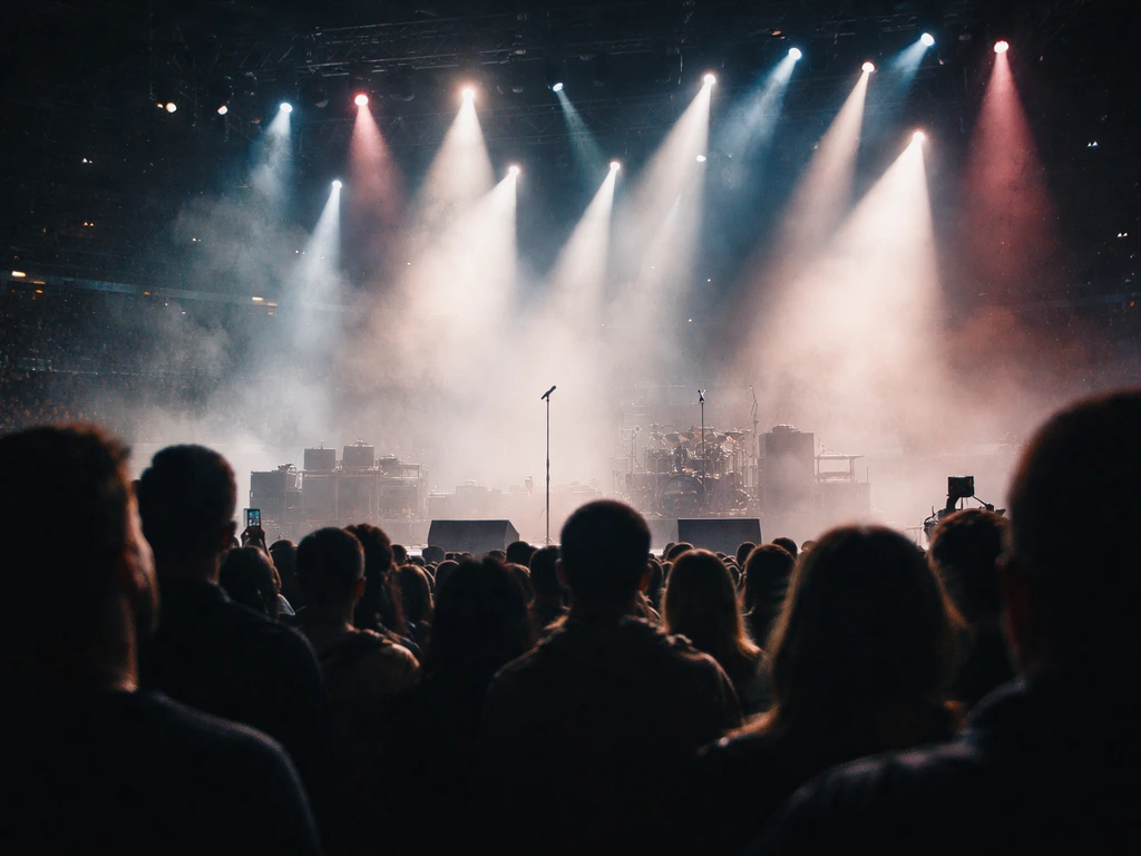 European arena concert stage with spotlights and indistinct silhouettes, capturing live touring energy