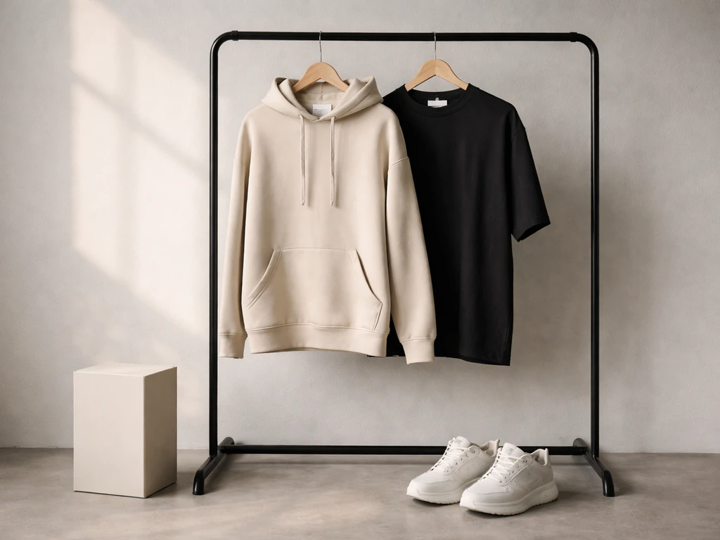 Minimal fashion brand setup with branded apparel mockups on a neutral studio background, no text.
