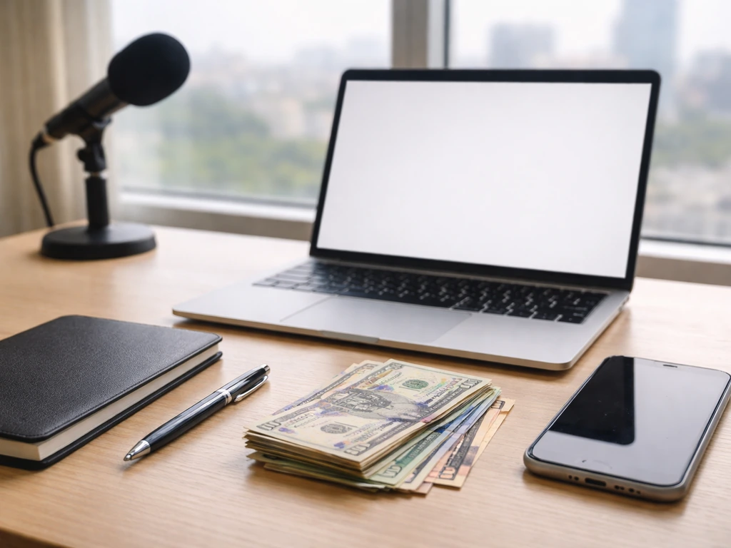 Minimal office scene with a professional notebook and cash-like props symbolizing a net worth calculation