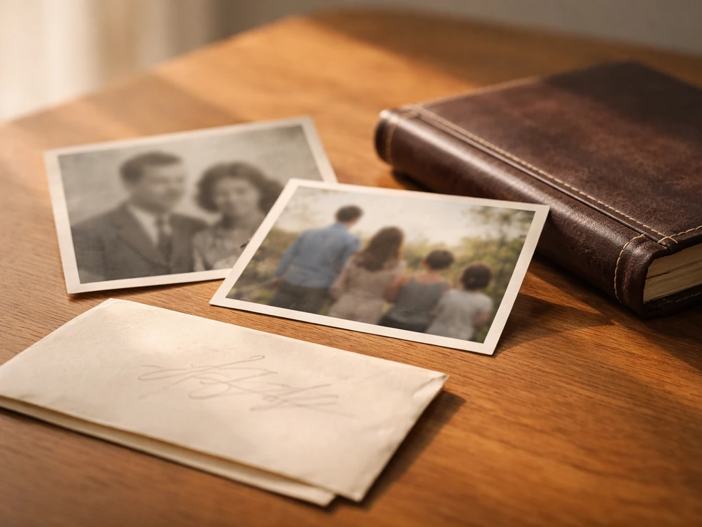 A subtle family-name collage: framed vintage headshots blurred, and a handwritten-looking surname on paper, no text