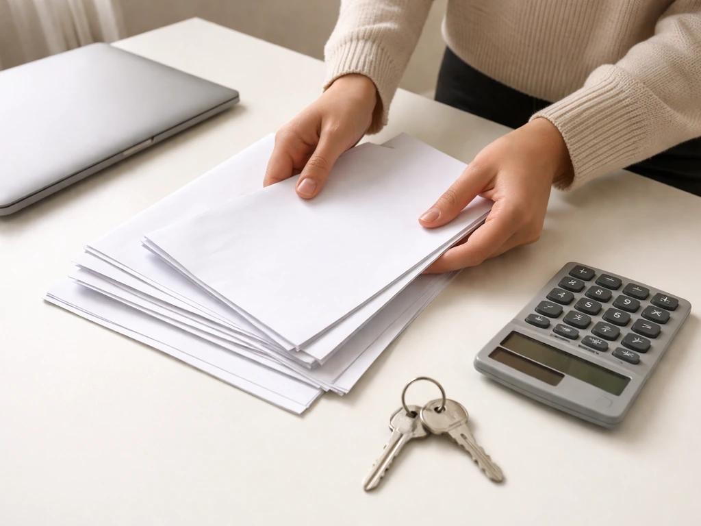 Minimal desk scene with spread-out documents and a calculator, suggesting assembling net worth estimate categories