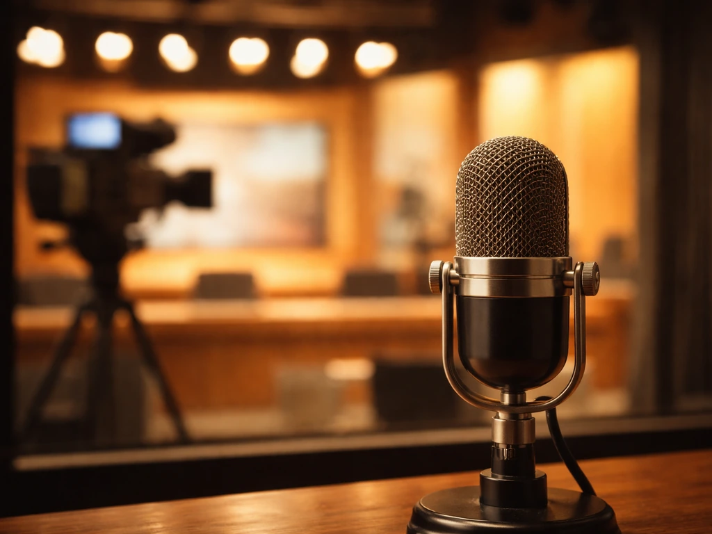 Close-up microphone overlapping a softly lit TV studio scene, hinting at media-based income sources.