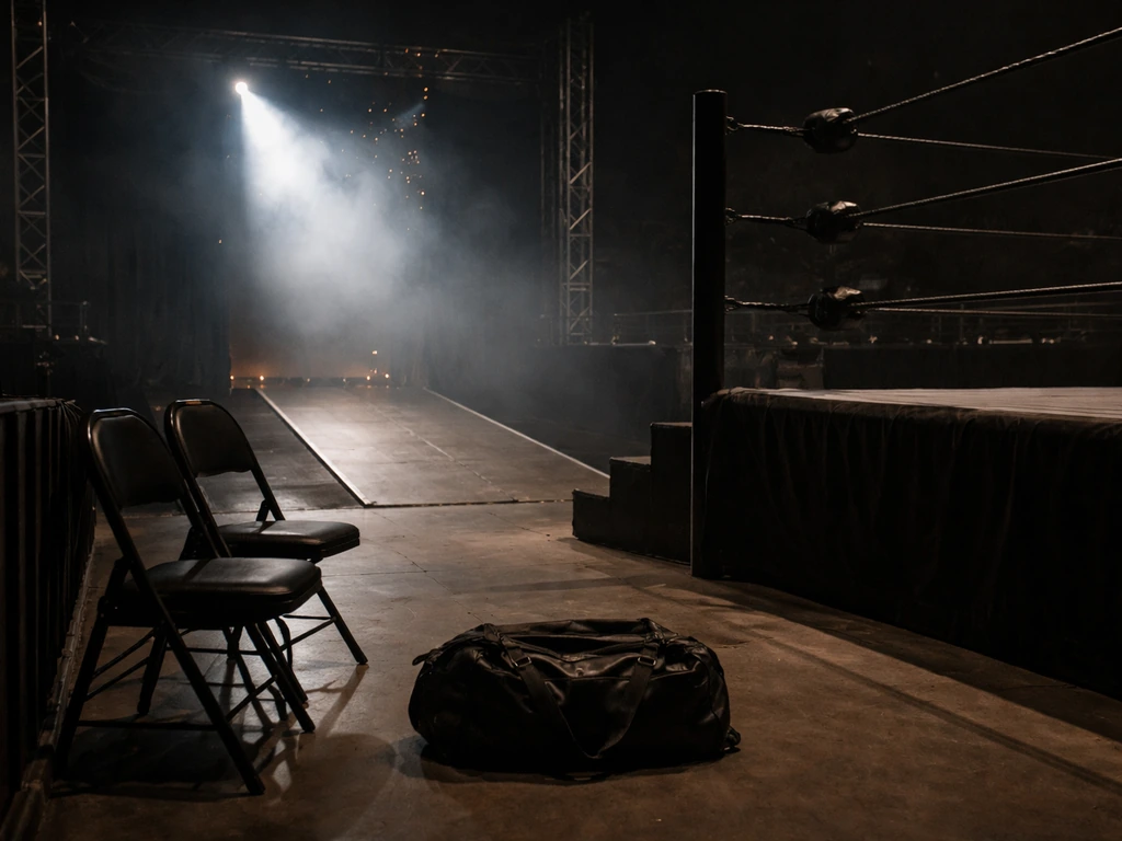 Empty wrestling ring entrance with a spotlight and event staging setup, no people visible.