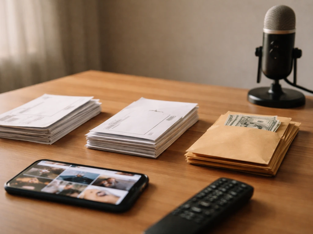 Minimal desk scene with envelopes, papers, a microphone, and media devices symbolizing income sources.