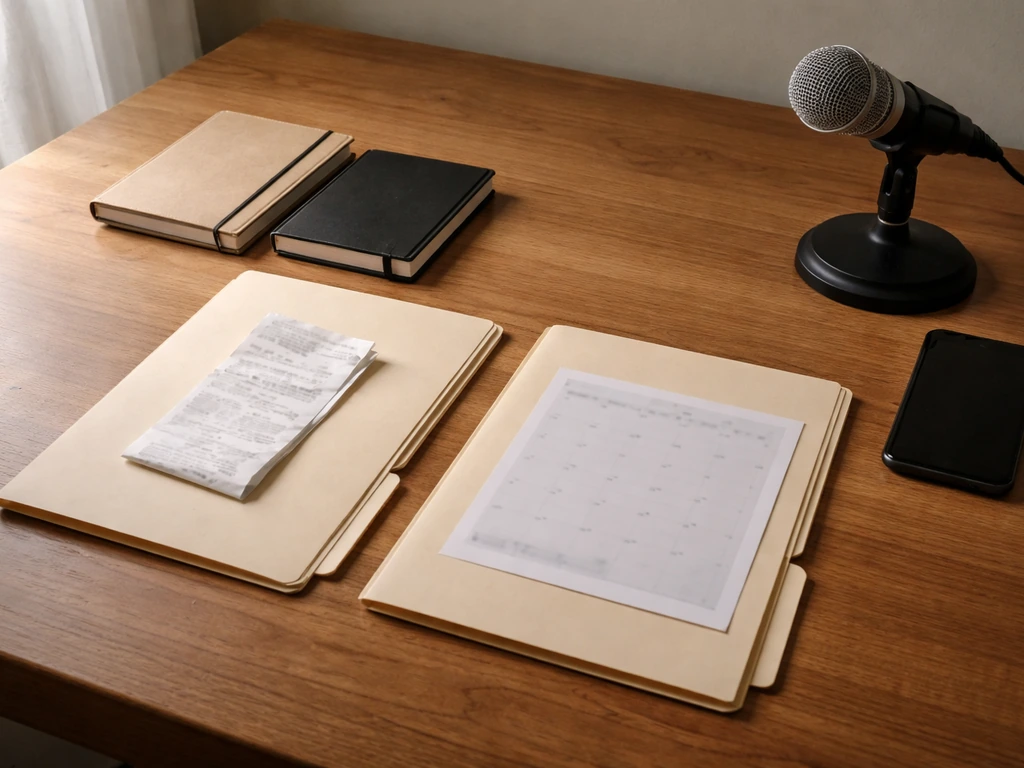 Minimal desk scene with notebooks, folders, and a microphone suggesting differing earnings assumptions