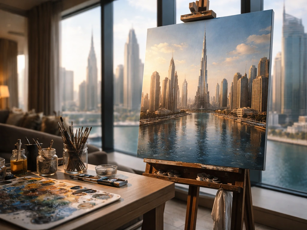Anonymous art studio with detailed canvas, brushes, and warm light suggesting high-profile wealth analysis.