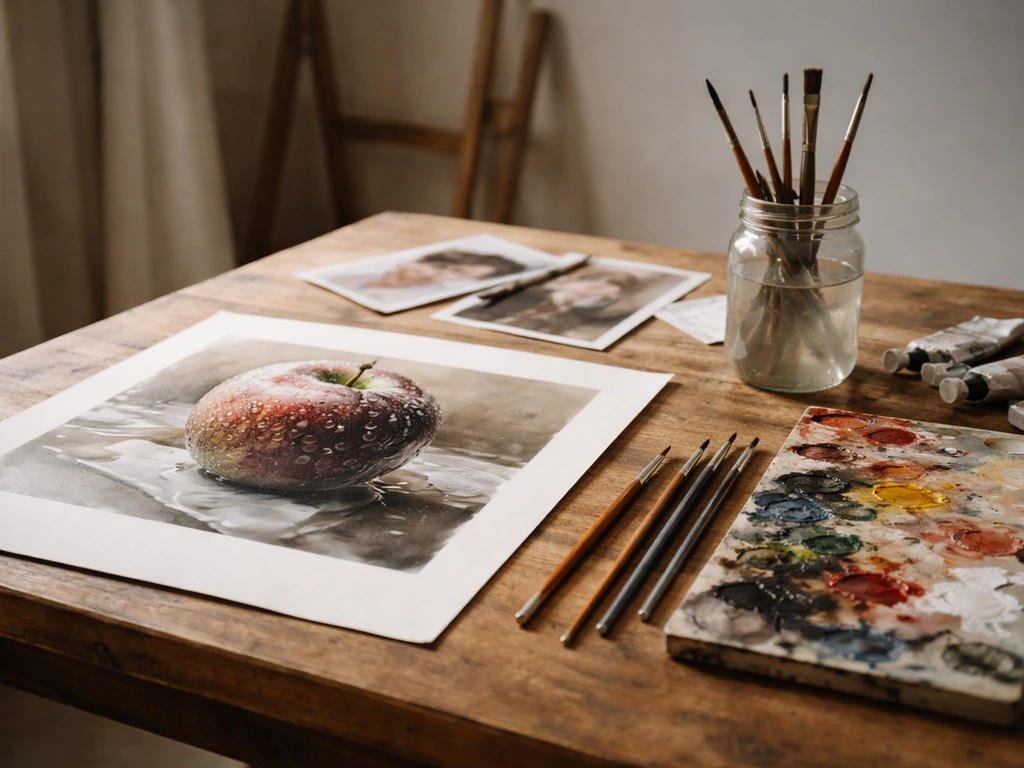 Minimal studio desk with brushes, pigments, and reference photos beside a hyperrealistic painting in progress.