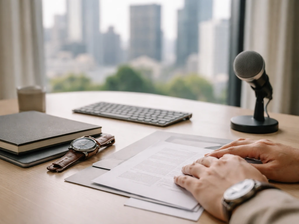 Minimal business scene with a watch, documents, and a blurred city view suggesting net worth analysis