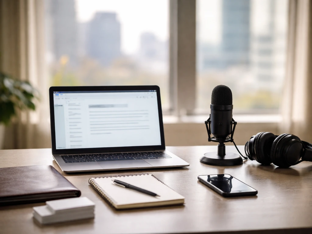Minimal consulting desk with laptop, microphone, headphones, and city view to suggest professional media/business contex