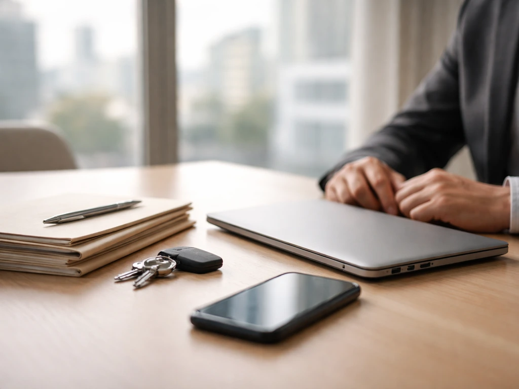 Anonymous hands reviewing a minimal office desk with laptop, folders, and pen suggesting financial inputs.