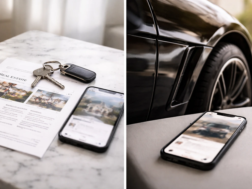 Minimal split scene: property key and listing paper on one side, luxury car detail on the other.