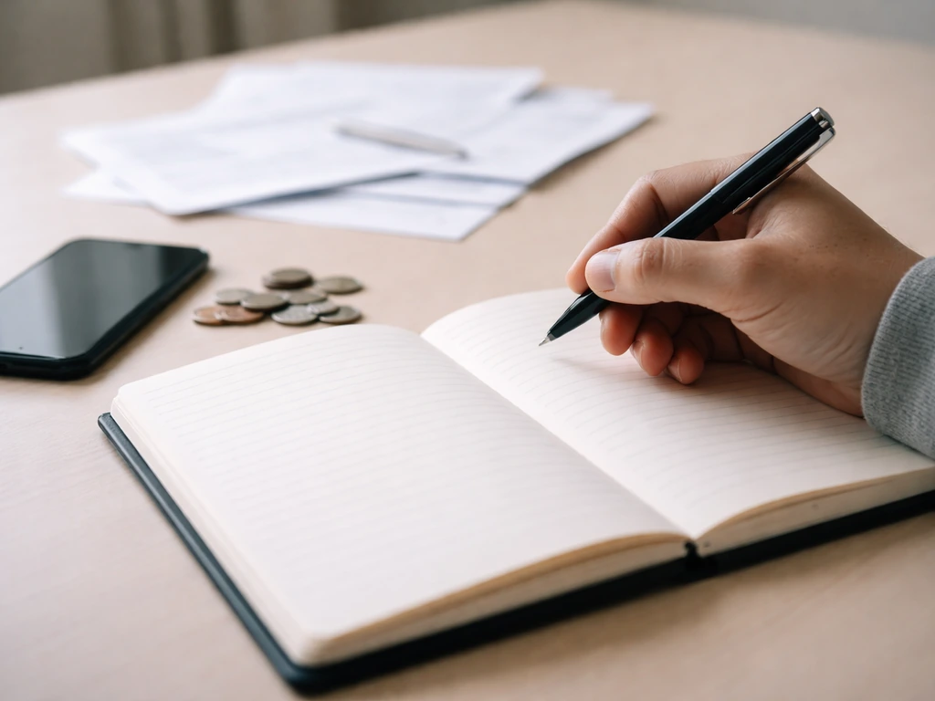 Minimal photo of a notebook with blurred financial documents, coins, and a phone showing no readable text.
