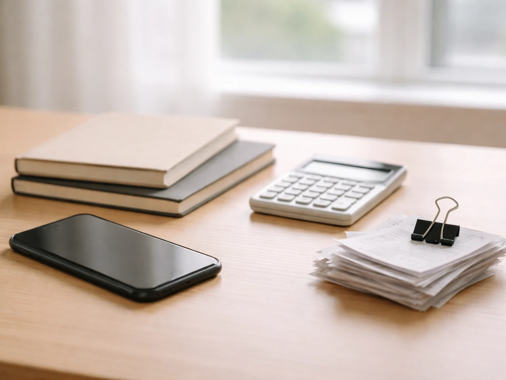 Minimal desk scene with calculator and notebooks suggesting comparing uncertain net-worth estimates.
